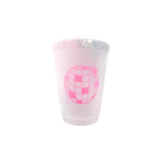 Pink disco ball frosted cup with retro dance theme from Parte Haus party supply store in Bethesda Maryland