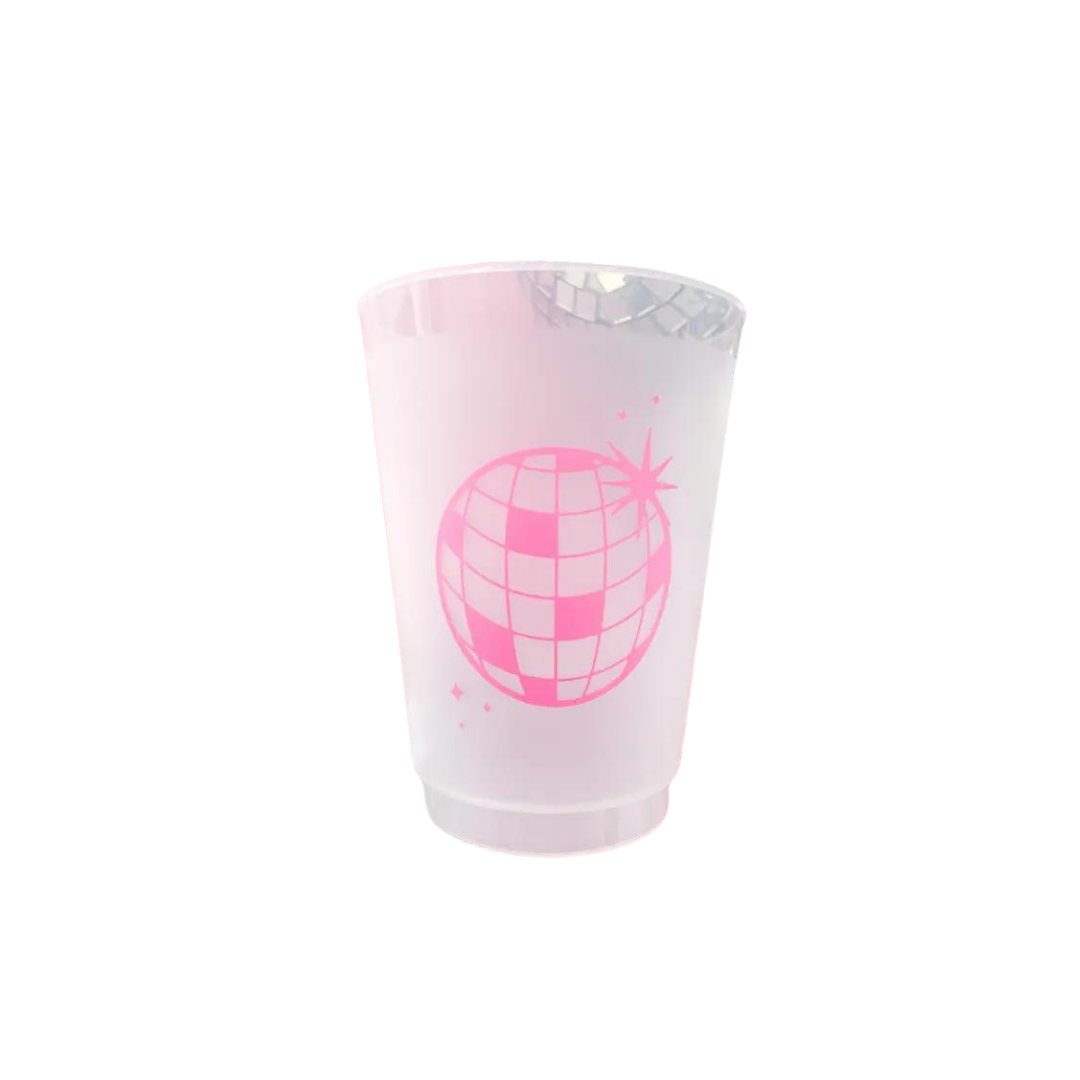 Pink disco ball frosted cup with retro dance theme from Parte Haus party supply store in Bethesda Maryland