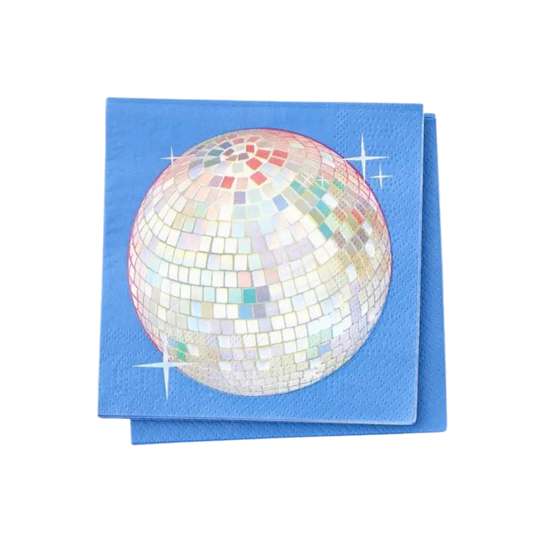 Blue disco ball cocktail napkin with shiny tile design for dance party from Parte Haus party supply store in Bethesda MD