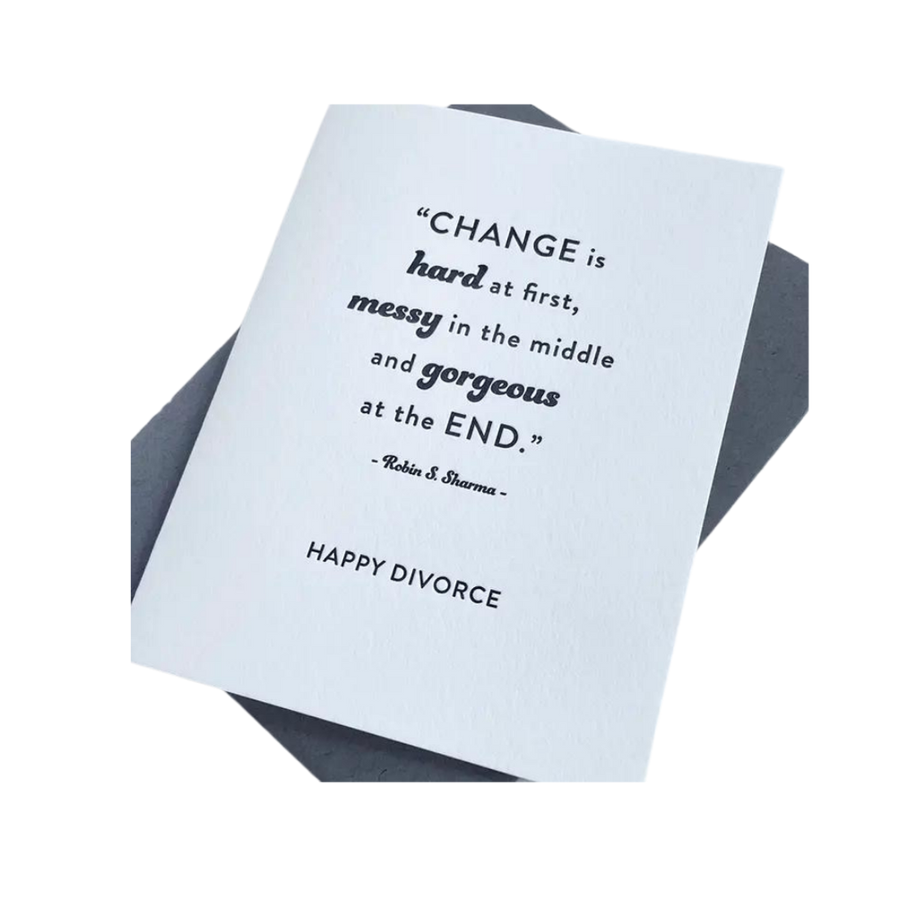 White divorce greeting card with uplifting quote occasion card from Parte Haus party supply store in Bethesda Maryland