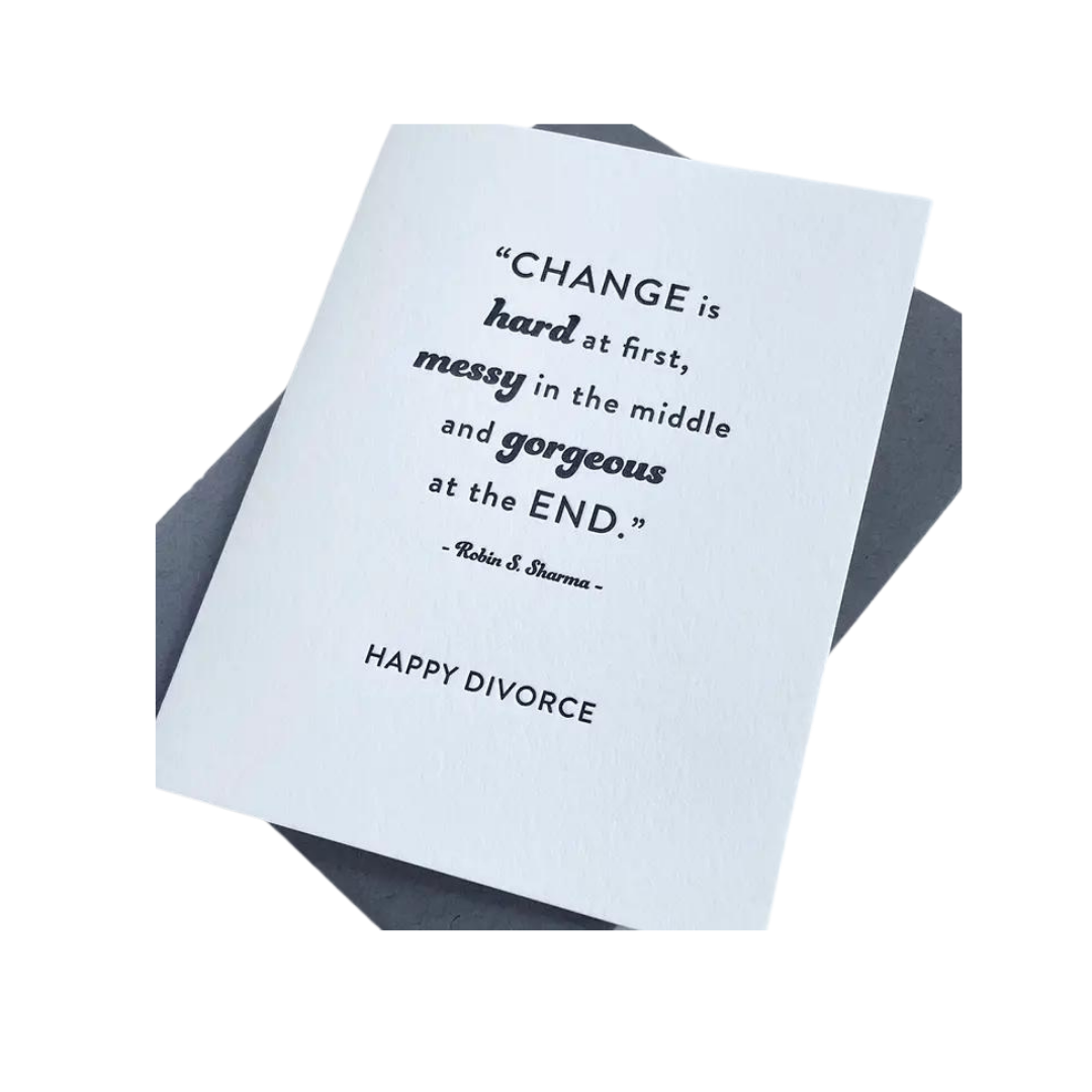 White divorce greeting card with uplifting quote occasion card from Parte Haus party supply store in Bethesda Maryland