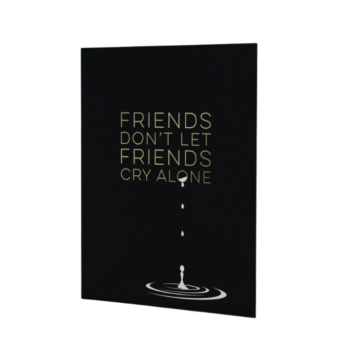 Black friendship card with gold text and water drop design for encouragement from Parte Haus party supply store in Bethesda Maryland