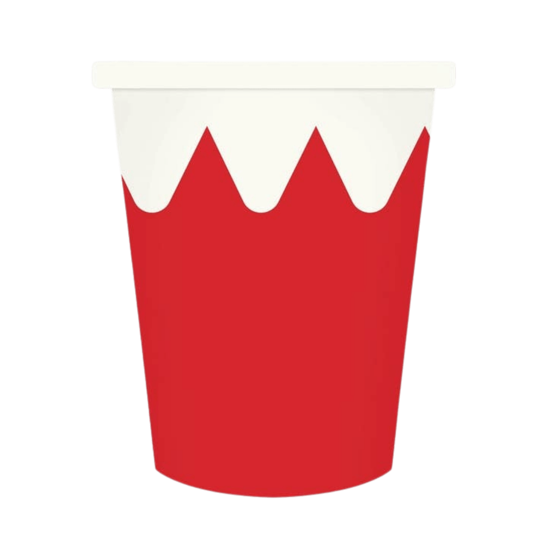 Red and white paper cup with jagged snowcap design Christmas theme from Parte Haus party supply store in Bethesda Maryland