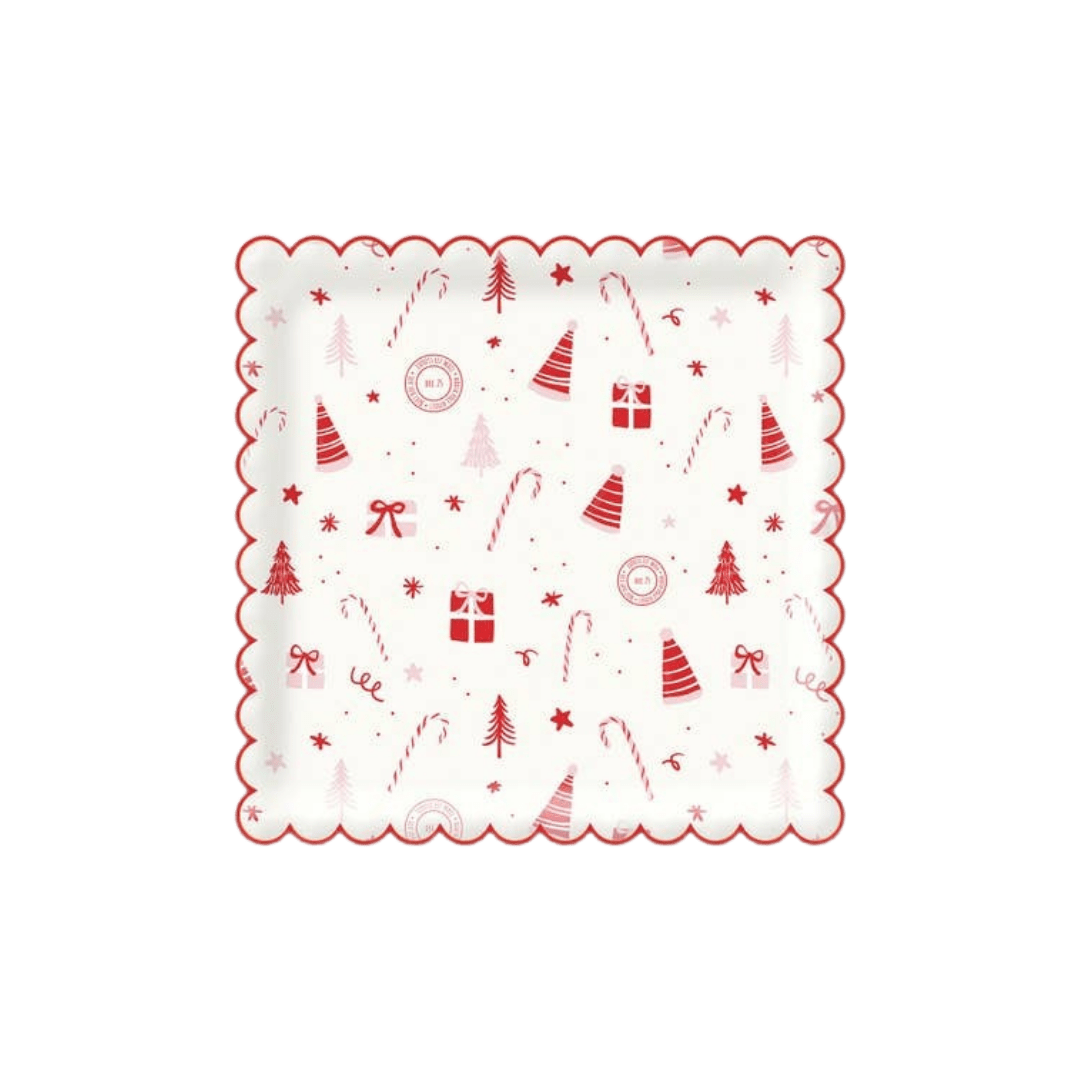 Red and white Christmas paper plate with presents and candy canes from Parte Haus party supply store in Bethesda MD