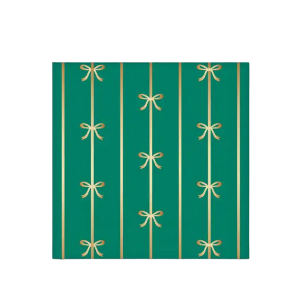 Emerald green napkin with gold bow design for celebration from Parte Haus party supply store in Bethesda MD