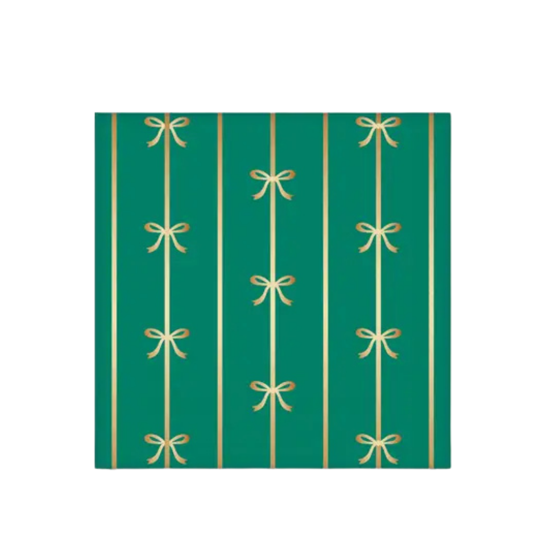 Emerald green napkin with gold bow design for celebration from Parte Haus party supply store in Bethesda MD
