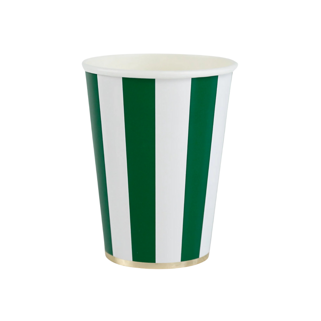 Emerald green striped cup with gold trim for celebrations from Parte Haus party supply store in Bethesda MD