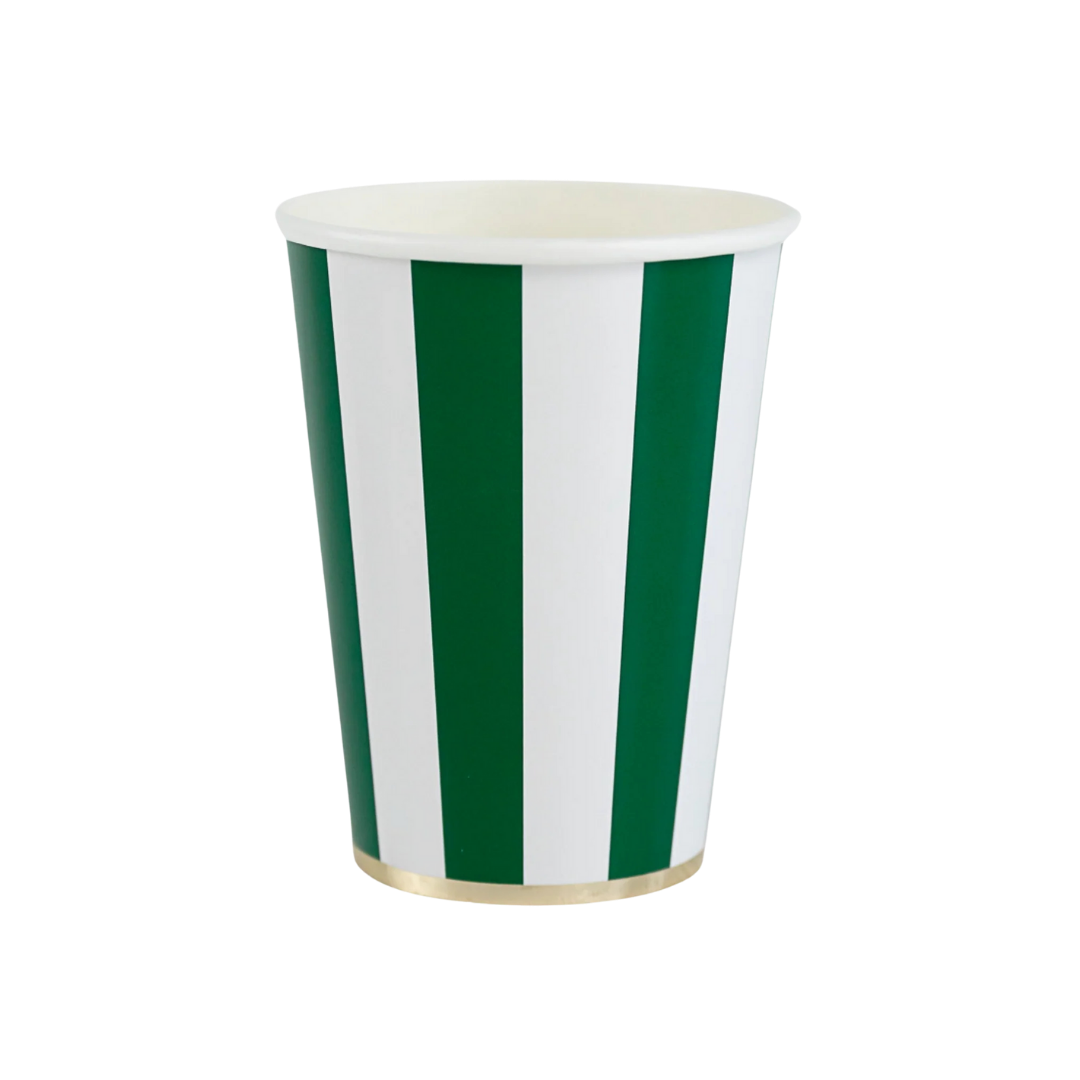 Emerald green striped cup with gold trim for celebrations from Parte Haus party supply store in Bethesda MD