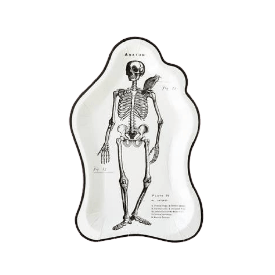 White skeleton plate with black anatomical skeleton print for Halloween from Parte Haus party supply store in Bethesda MD