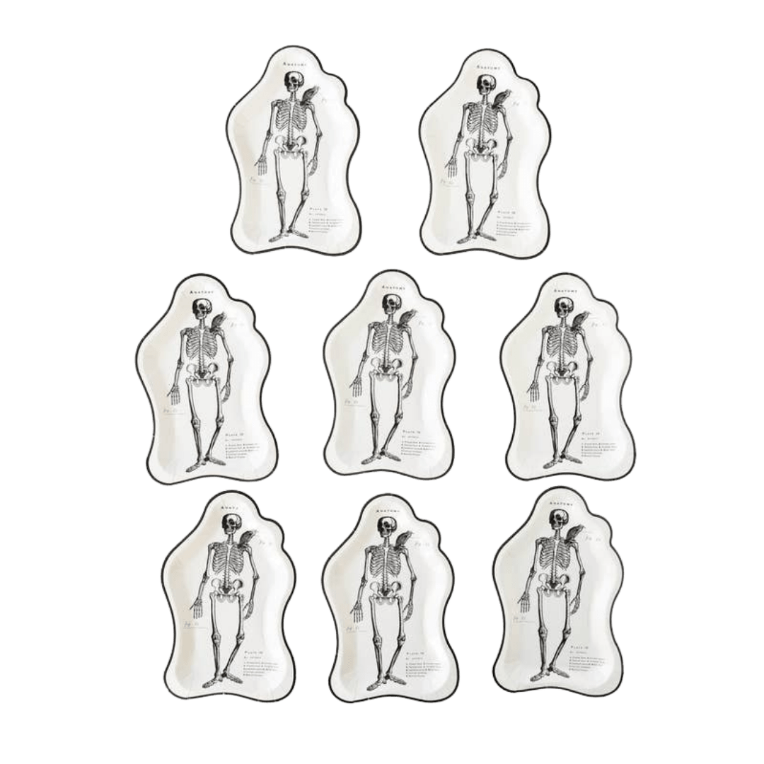 white skeleton shaped paper plates Halloween spooky theme from Parte Haus party supply store in Bethesda MD