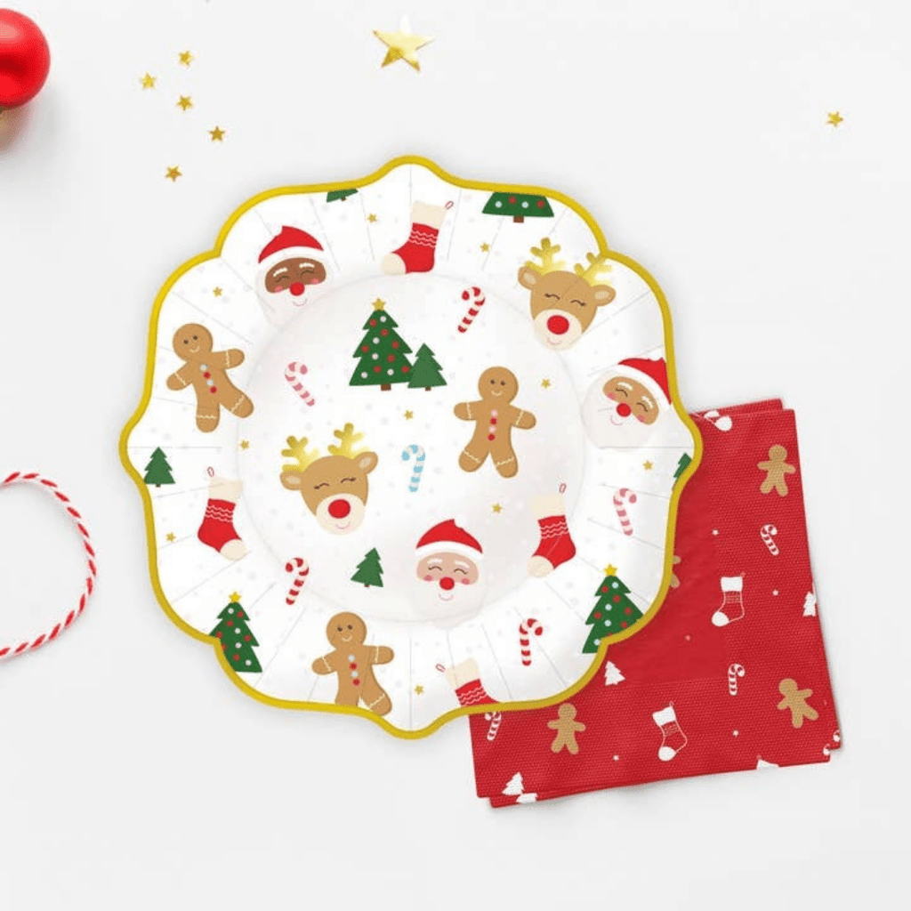 Multicolor Christmas plate with gingerbread men trees and Santa from Parte Haus party supply store in Bethesda Maryland