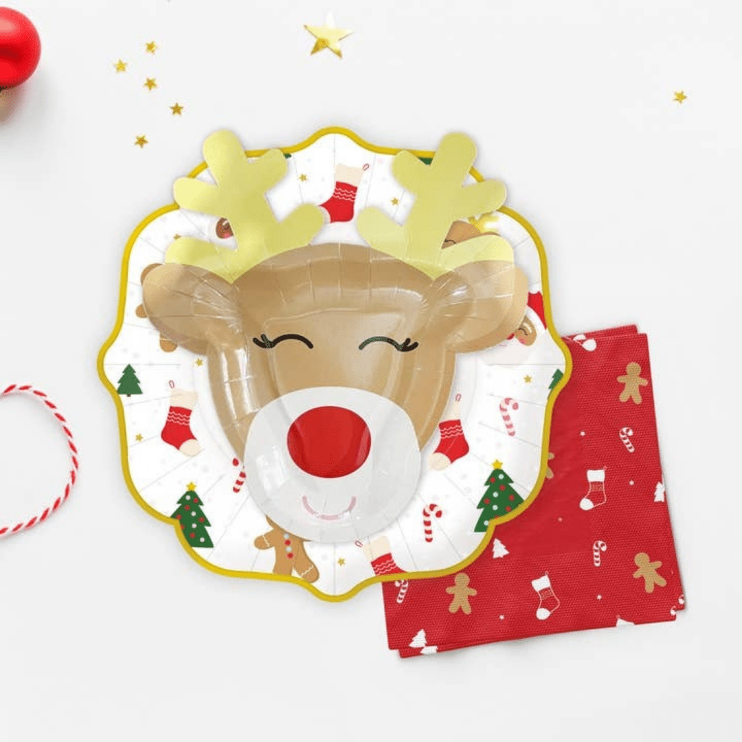 Brown reindeer shaped plate with holiday napkin Christmas theme from Parte Haus party supply store in Bethesda Maryland
