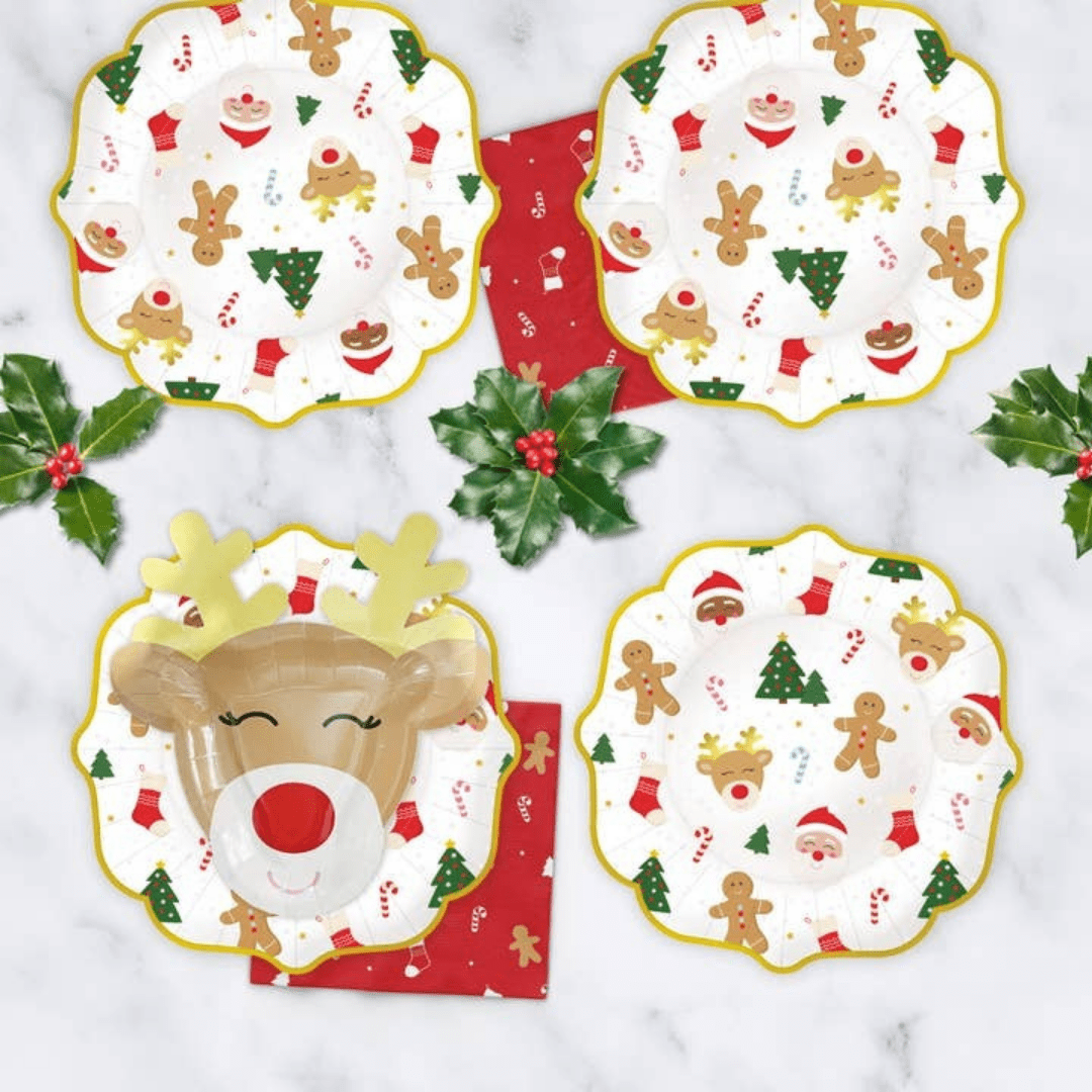 Multicolor Christmas plates with reindeer Santa and tree designs holiday theme from Parte Haus party supply store in Bethesda MD