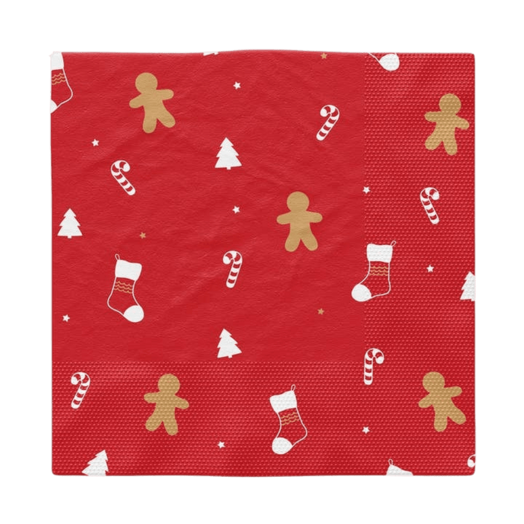 Red napkin with gingerbread man candy cane stocking and tree Christmas design from Parte Haus party supply store in Bethesda, Maryland.