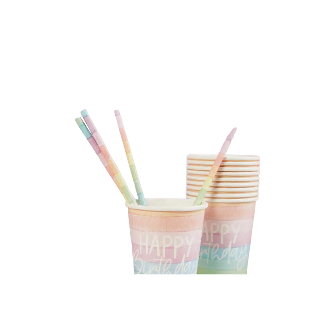 Rainbow eco paper straws in pastel cups birthday theme from Parte Haus party supply store in Bethesda MD