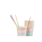 Rainbow eco paper straws in pastel cups birthday theme from Parte Haus party supply store in Bethesda MD