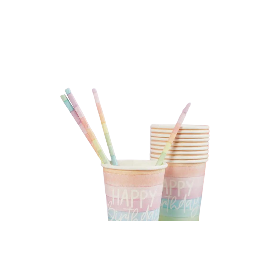 Rainbow eco paper straws in pastel cups birthday theme from Parte Haus party supply store in Bethesda MD