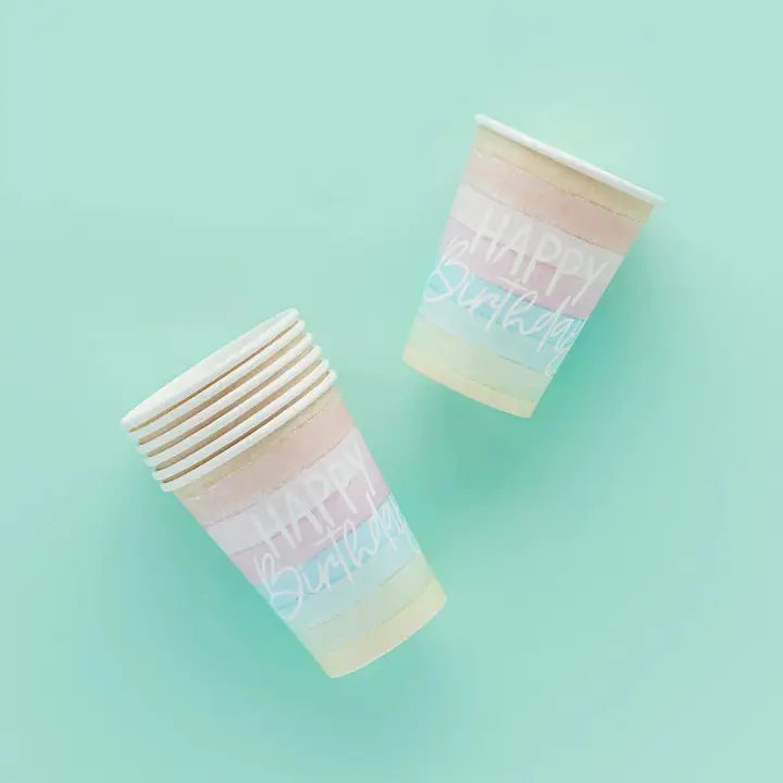 Pastel rainbow paper cups with happy birthday text birthday theme from Parte Haus party supply store in Bethesda MD