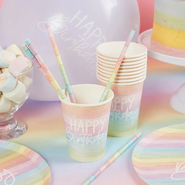 Pastel rainbow paper cups with Happy Birthday text for birthday party from Parte Haus party supply store in Bethesda MD