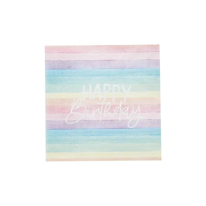 Rainbow pastel paper napkin with happy birthday text birthday theme from Parte Haus party supply store in Bethesda MD