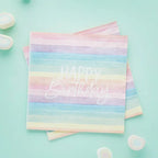 Pastel rainbow paper napkins with happy birthday text birthday theme from Parte Haus party supply store in Bethesda MD