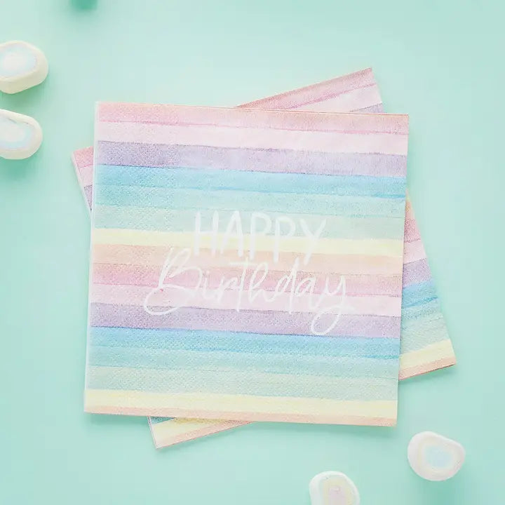 Pastel rainbow paper napkins with happy birthday text birthday theme from Parte Haus party supply store in Bethesda MD