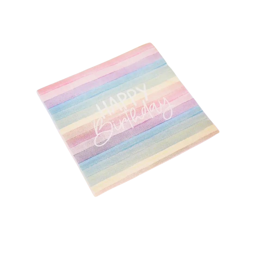 Eco rainbow Happy Birthday paper napkin with pastel stripes birthday theme from Parte Haus party supply store in Bethesda MD
