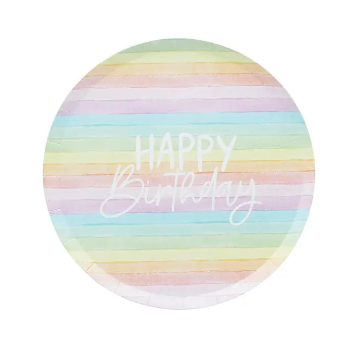 Rainbow pastel paper plate with Happy Birthday lettering birthday theme from Parte Haus party supply store in Bethesda MD