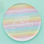Rainbow striped paper plate with Happy Birthday text birthday from Parte Haus party supply store in Bethesda MD