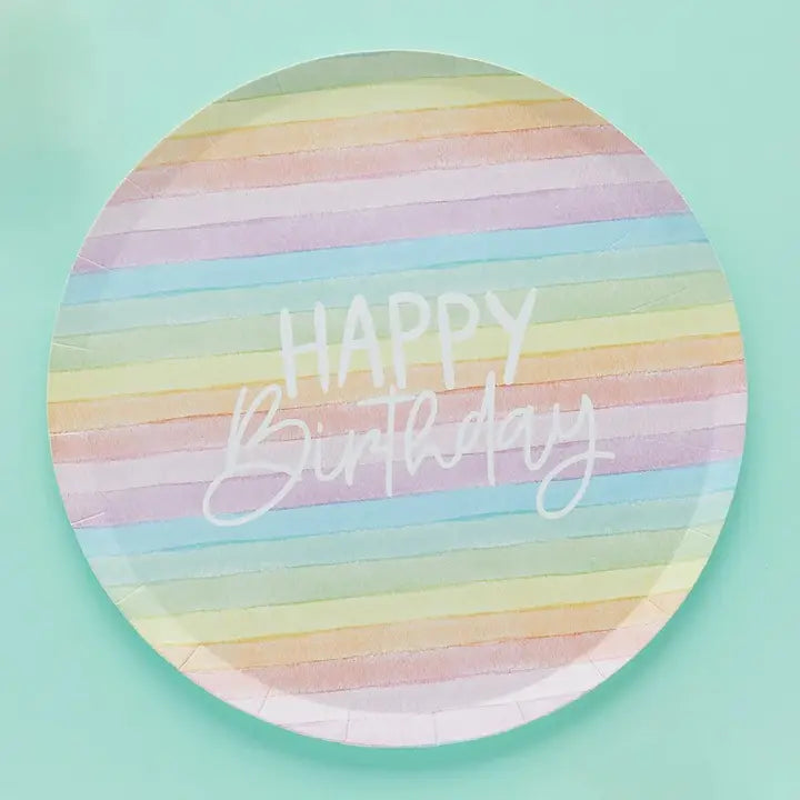 Rainbow striped paper plate with Happy Birthday text birthday from Parte Haus party supply store in Bethesda MD