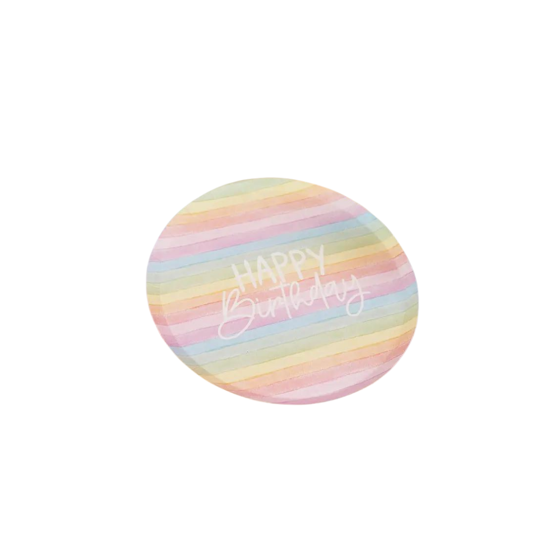 Pastel rainbow paper plate with happy birthday text birthday theme from Parte Haus party supply store in Bethesda MD
