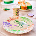 Colorful dinosaur paper plates with fossil skeleton print for kids birthday from Parte Haus party supply store in Bethesda MD