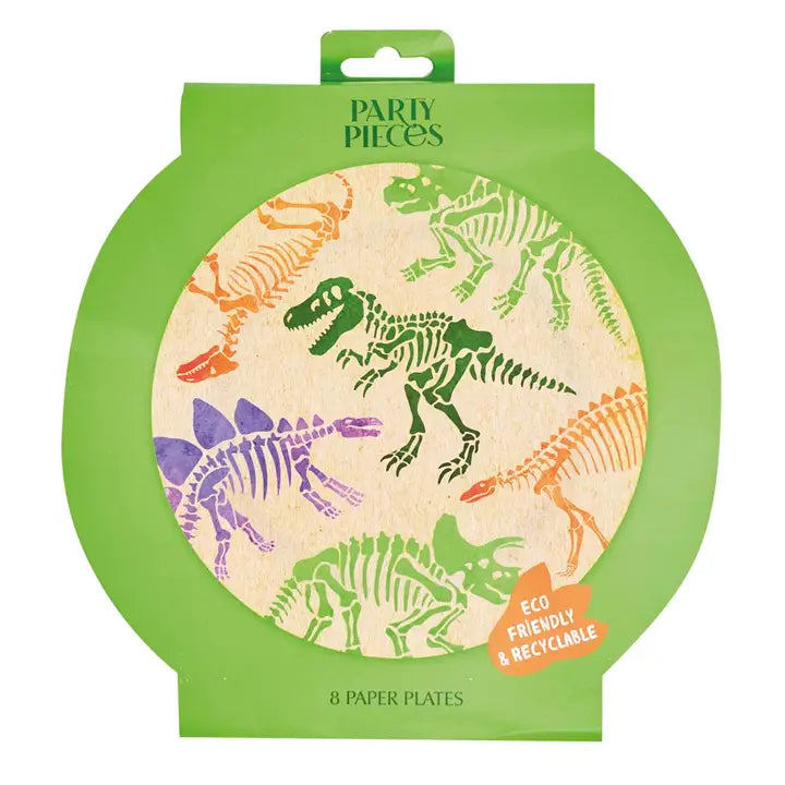 Colorful dinosaur paper plates with fossil designs for kids birthday from Parte Haus party supply store in Bethesda MD