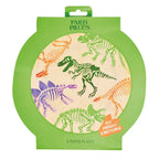 Colorful dinosaur paper plates with fossil designs for kids birthday from Parte Haus party supply store in Bethesda MD
