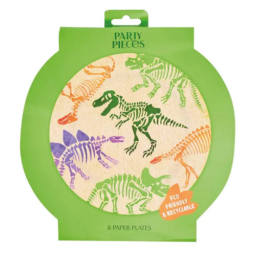 Colorful dinosaur paper plates with fossil designs for kids birthday from Parte Haus party supply store in Bethesda MD