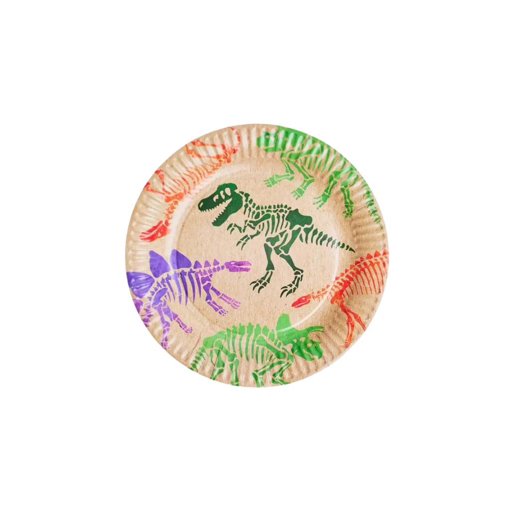 Natural brown dinosaur fossil paper plate with colorful dinosaur skeletons for kids birthday from Parte Haus party supply store in Bethesda Maryland