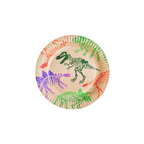 Natural brown dinosaur fossil paper plate with colorful dinosaur skeletons for kids birthday from Parte Haus party supply store in Bethesda Maryland