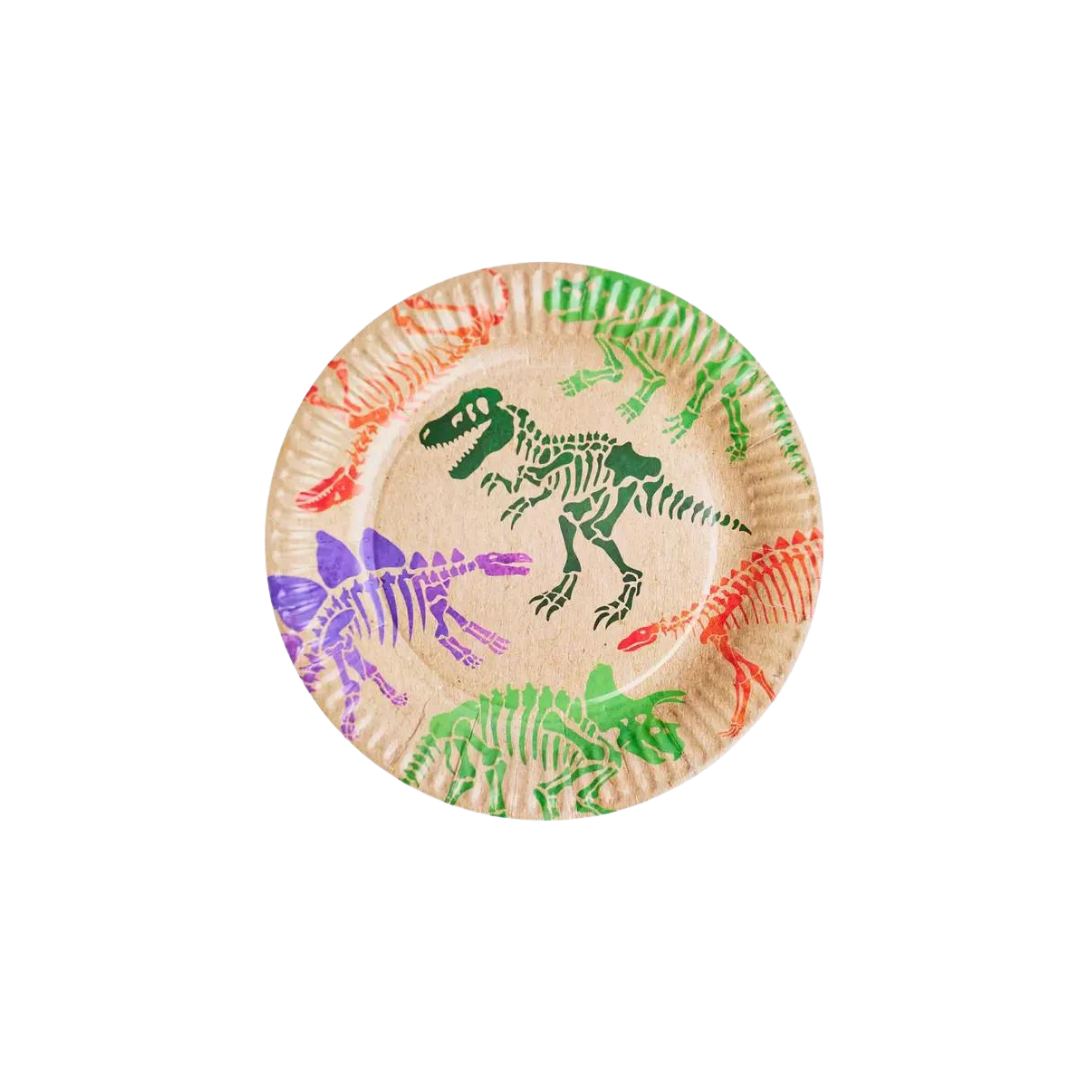 Natural brown dinosaur fossil paper plate with colorful dinosaur skeletons for kids birthday from Parte Haus party supply store in Bethesda Maryland