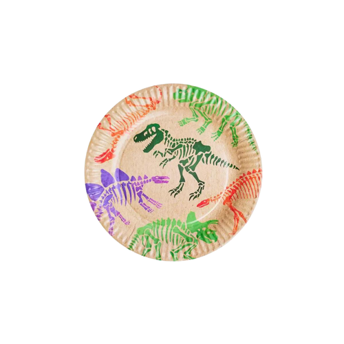 Natural brown dinosaur fossil paper plate with colorful dinosaur skeletons for kids birthday from Parte Haus party supply store in Bethesda Maryland