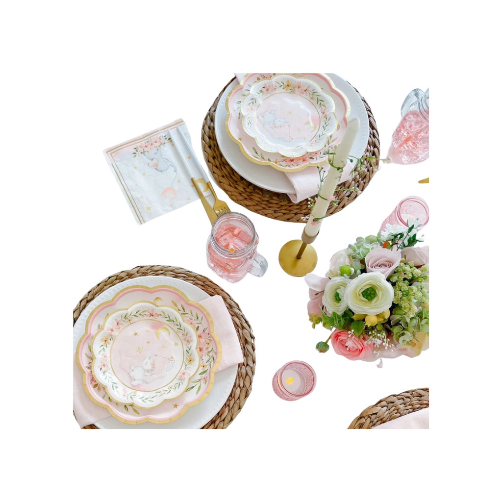 Pink elephant baby shower paper plates with floral design baby shower theme from Parte Haus party supply store in Bethesda Maryland