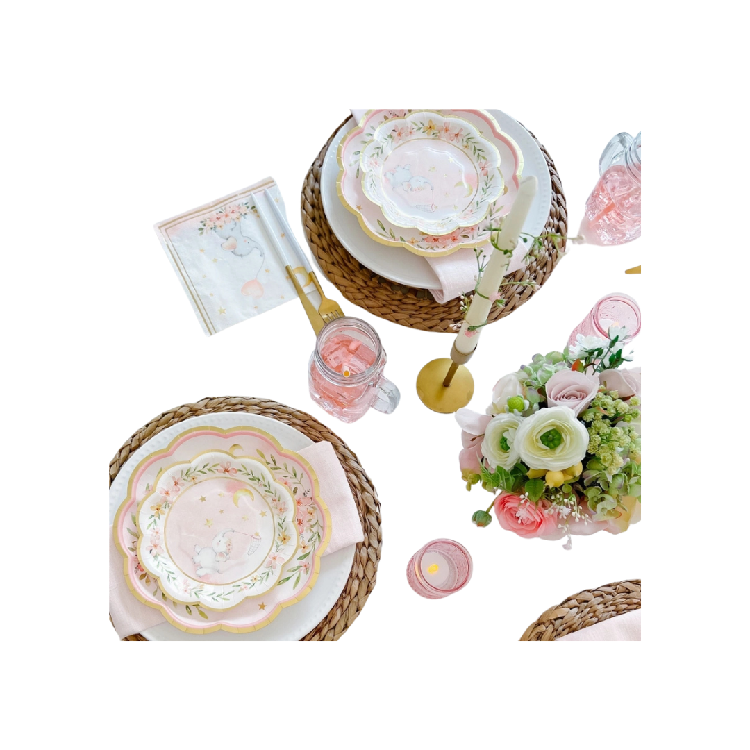 Pink elephant baby shower paper plates with floral design baby shower theme from Parte Haus party supply store in Bethesda Maryland