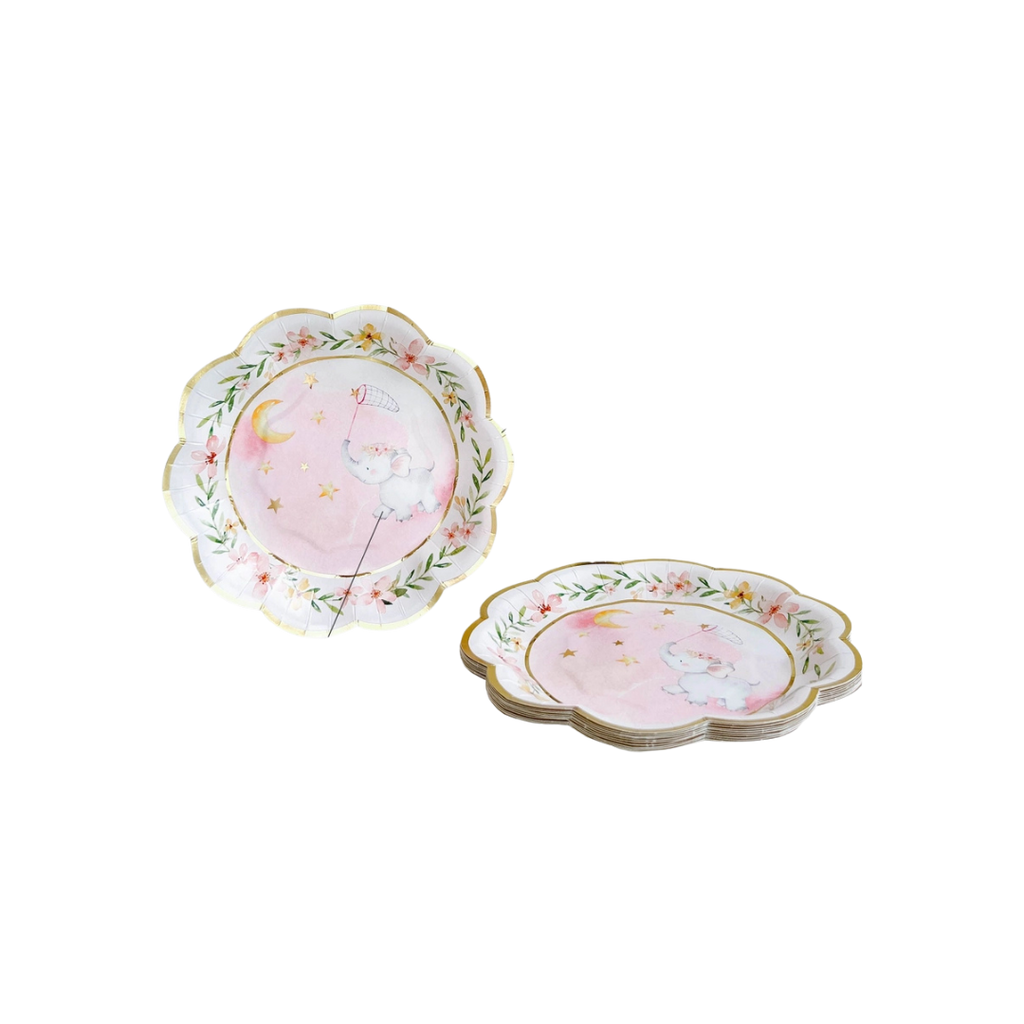 Pink elephant baby shower premium paper plate with floral border from Parte Haus party supply store in Bethesda MD