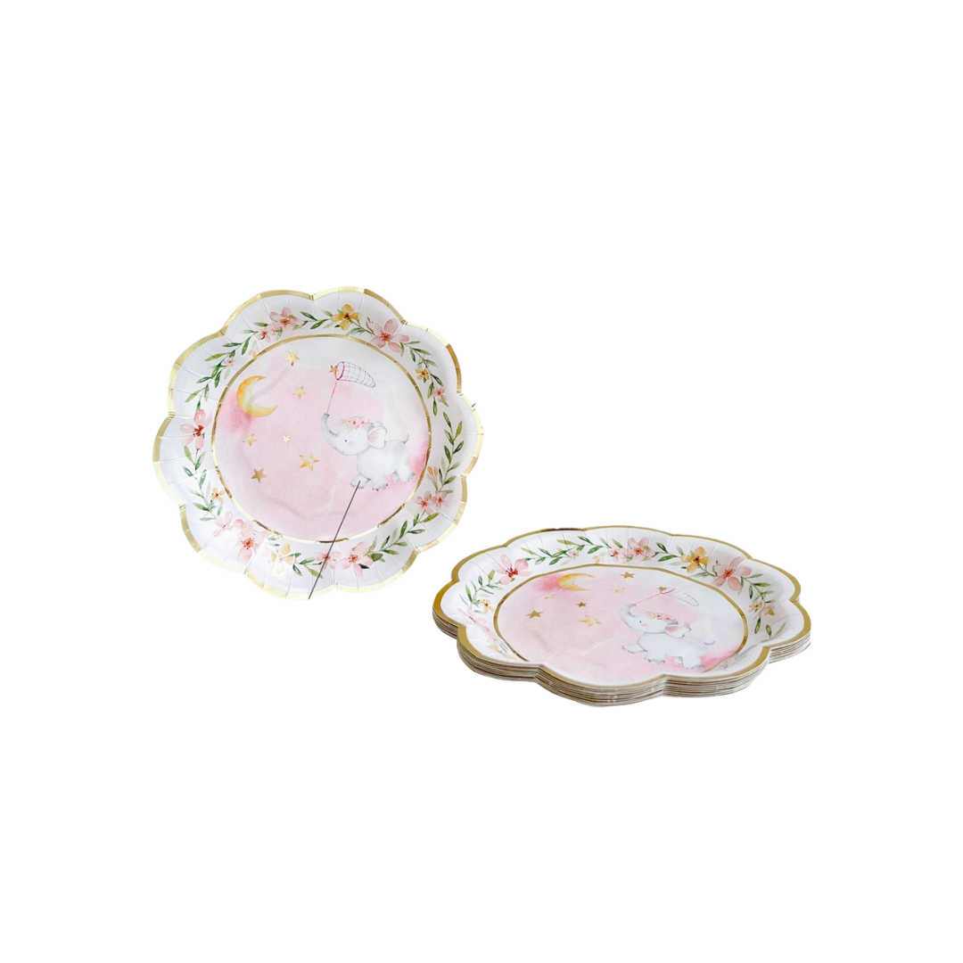 Pink elephant baby shower premium paper plate with floral border from Parte Haus party supply store in Bethesda MD