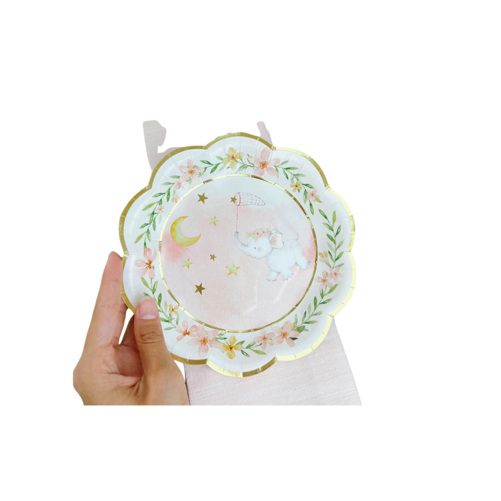 Pink elephant baby shower paper plate with gold trim and floral accents from Parte Haus party supply store in Bethesda Maryland