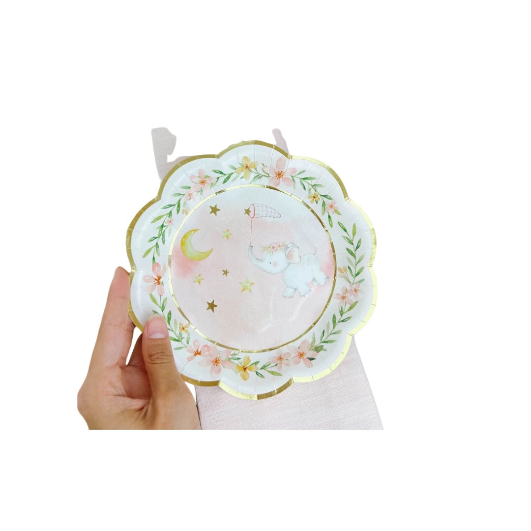 Pink elephant baby shower paper plate with gold trim and floral accents from Parte Haus party supply store in Bethesda Maryland