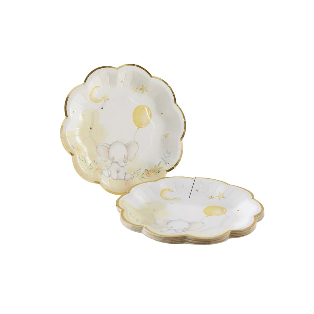 Yellow and white elephant baby shower paper plates with moon and star design from Parte Haus party supply store in Bethesda MD