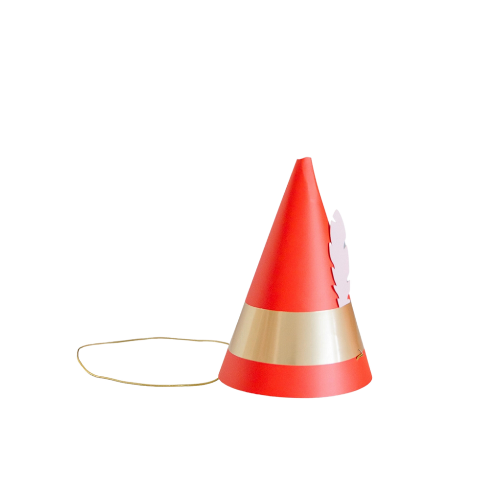 red and gold elf party hat with feather Christmas theme from Parte Haus party supply store in Bethesda Maryland