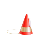 red and gold elf party hat with feather Christmas theme from Parte Haus party supply store in Bethesda Maryland