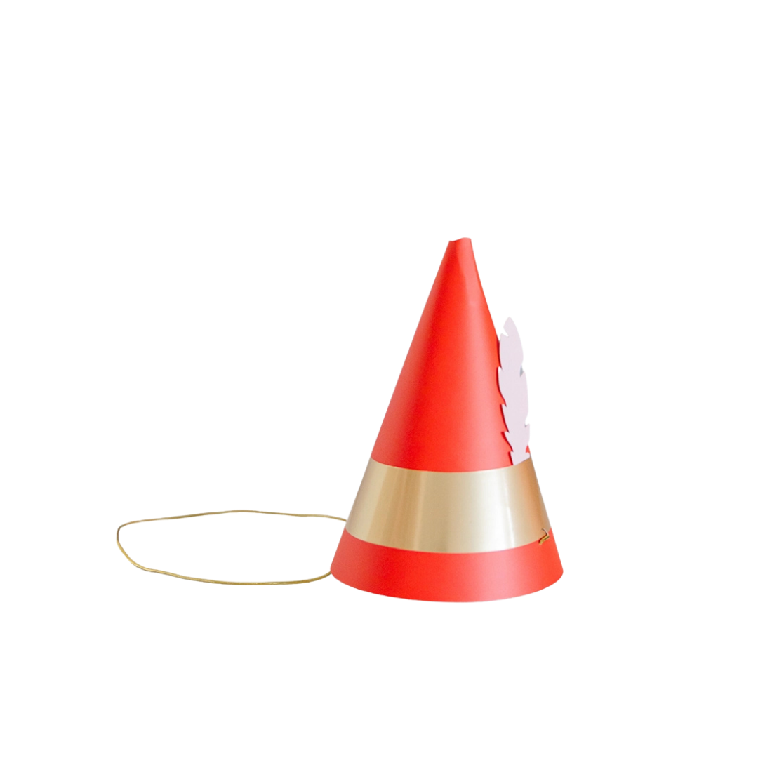 red and gold elf party hat with feather Christmas theme from Parte Haus party supply store in Bethesda Maryland