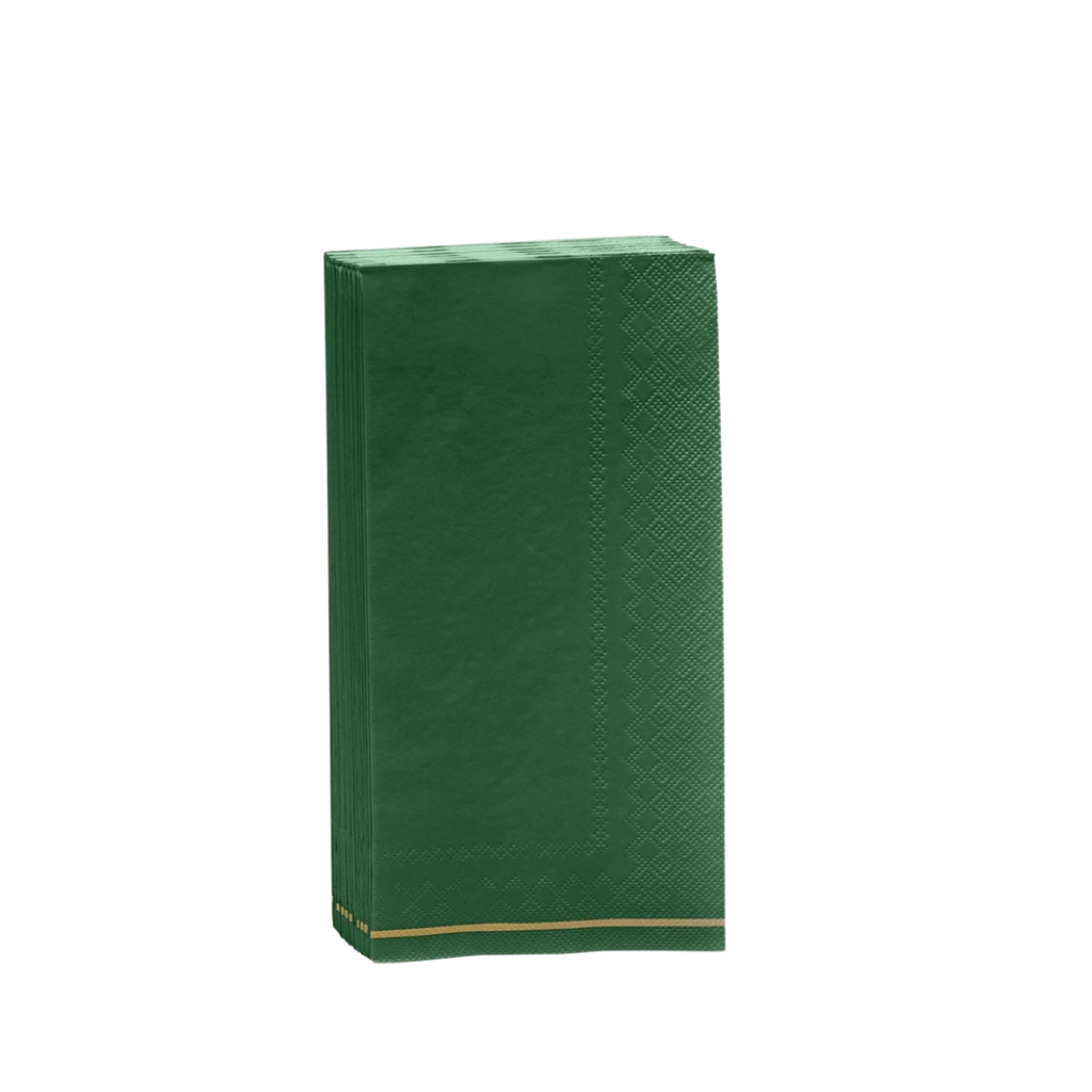 Emerald green guest paper napkins with gold stripe for elegant celebrations from Parte Haus party supply store in Bethesda MD